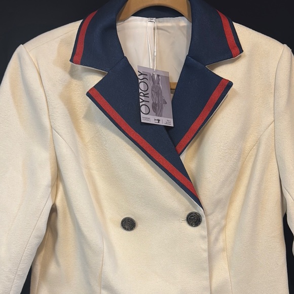 Elegant Cream and Blue Double-Breasted Trench Coat - Picture 2 of 5